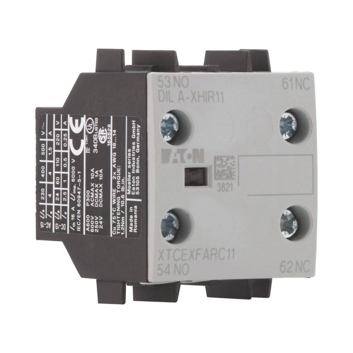 Eaton DIL A-XHIR11 Hilfsschalterblock, 4 Anschlüsse beschriftet mit 53NO, 54NO, 61NC, 62NC, schwarzes Gehäuse mit technischen Spezifikationen.