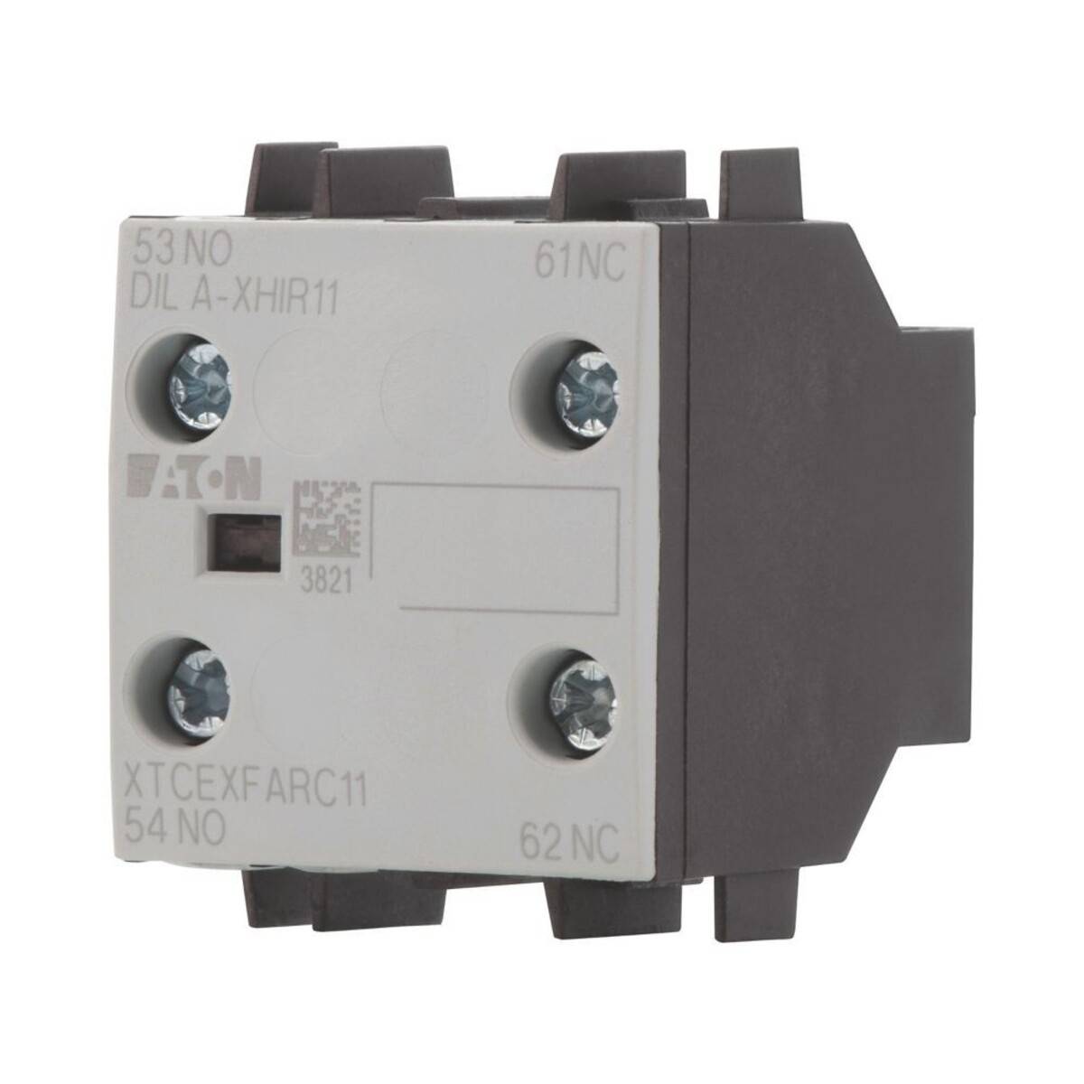 Frontansicht eines Eaton-Relaisschalters mit Modeldetails und Schraubklemmen. Markierungen zeigen 53 NO, 54 NO, 61 NC, 62 NC für Anschlüsse.