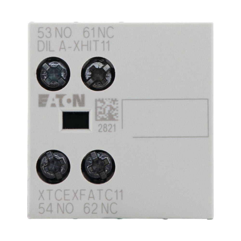Eaton-Marke elektrische Vorrichtung mit Beschriftungen: '53NO 61NC', 'DIL A-XHIT11', 'XTCEXFATC11', '54NO 62NC'. Vier Schraubklemmen sind sichtbar.