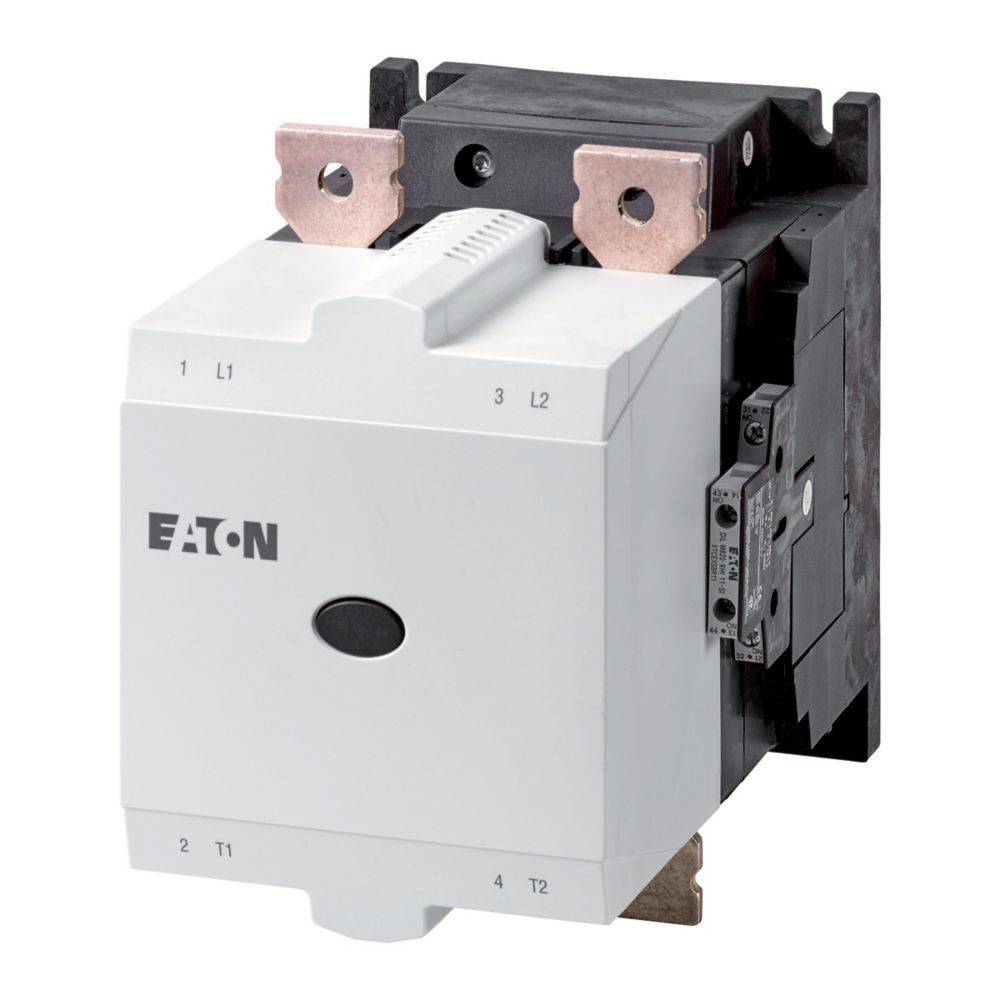 Eaton 3-Pol-Schütz, weiß und schwarz, Frontansicht, beschriftet 1 L1, 3 L2, 2 T1, 4 T2, verwendet für industrielle elektrische Schaltkreise.