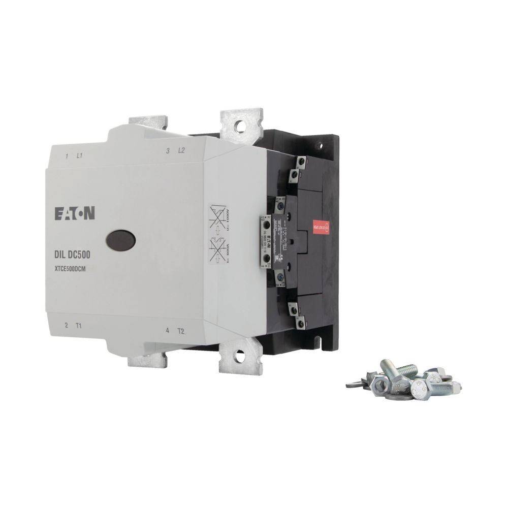 Eaton DIL DC500 Schütz aus einer Frontansicht mit einem kleinen Stapel silberner Schrauben rechts daneben.