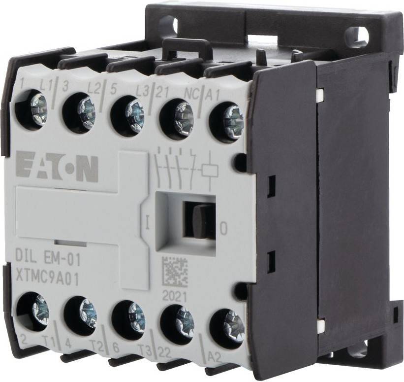 Ein grauer Eaton-Schütz mit der Bezeichnung 'DIL EM-01' mit mehreren Anschlusspunkten, verwendet zur Steuerung elektrischer Stromkreise.