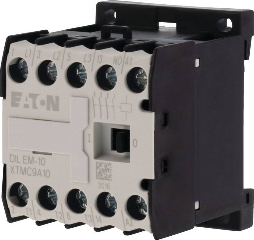 Eaton DIL EM-10 Relais mit verschiedenen beschrifteten Anschlusspunkten und Steuerungsfunktionen, in einer Seitenansicht, die seine Struktur hervorhebt.