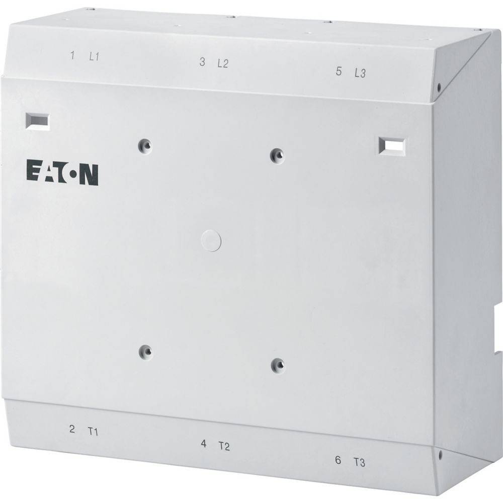 Eine weiße elektrische Komponentenverkleidung mit der Marke 'EATON', die an der Seite gedruckt ist. Sie verfügt über beschriftete Anschlusspunkte von 1 bis 6 für die Verkabelung.