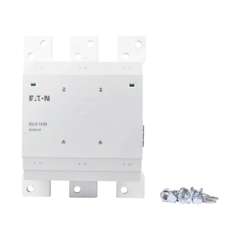 Eaton DILH 1400 Schütz vor einem weißen Hintergrund, mit Metallverbindern und einem Schraubensatz daneben.