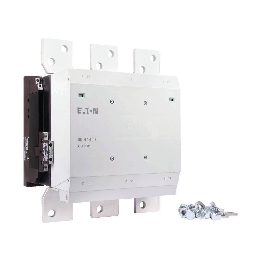 Ein weißer elektrischer Schütz mit mehreren Anschlüssen und Befestigungslöchern, mit der Aufschrift 'EATON DILH 1400'. Ein kleiner Haufen Schrauben und Unterlegscheiben liegt in der Nähe.