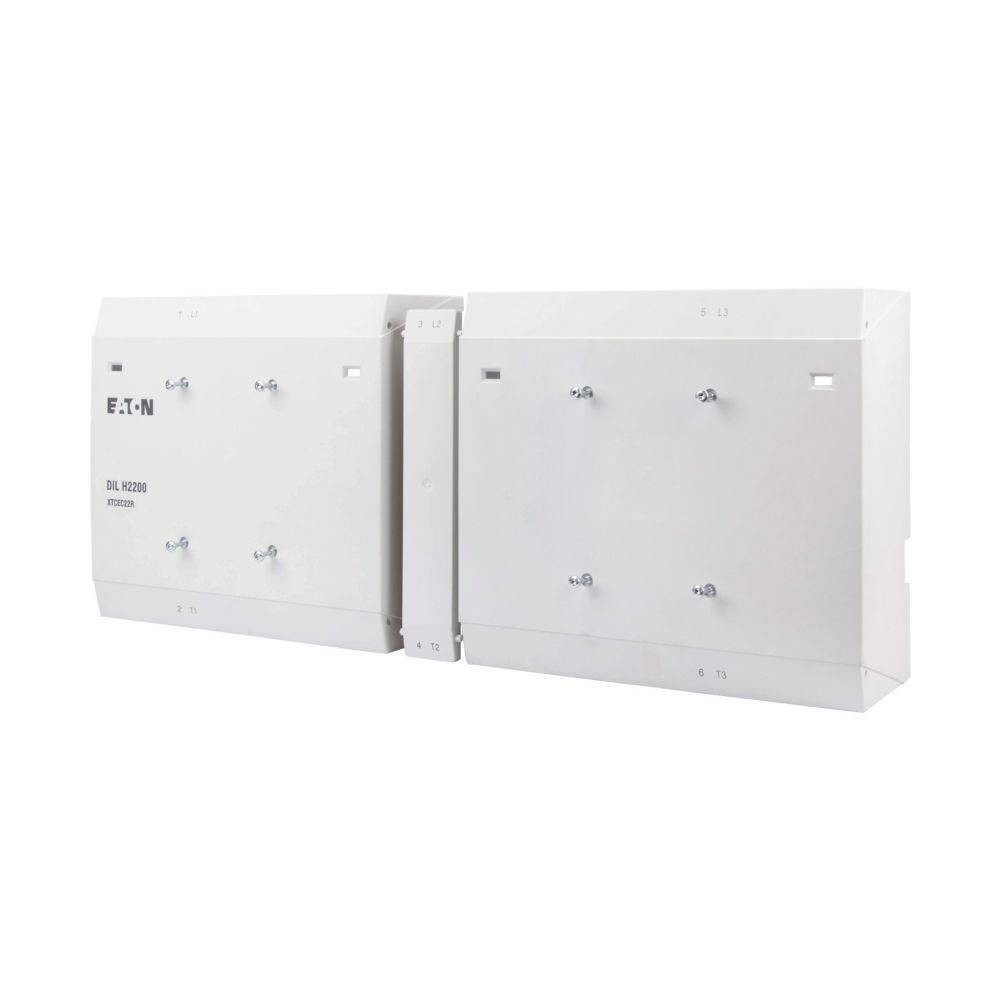 Zwei weiße, mit EATON-Markenlogo versehene elektrische Gehäuse nebeneinander, die Modellnummern zeigend. Die Einheiten verfügen über metallische Befestigungen für die Installation.