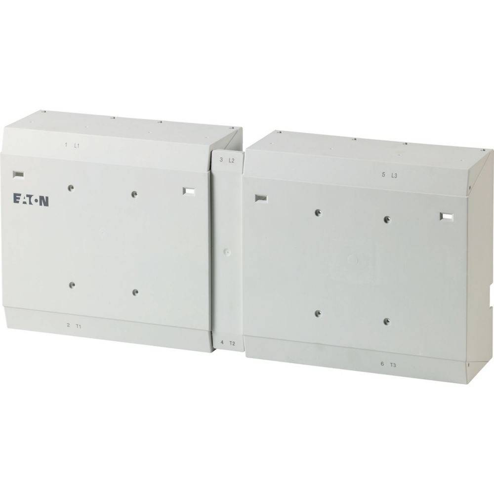 Zwei graue Elektroverteilerkästen mit dem 'EATON' Logo, nebeneinander montiert, mit mehreren kleinen Öffnungen für Kabel oder Anschlüsse.