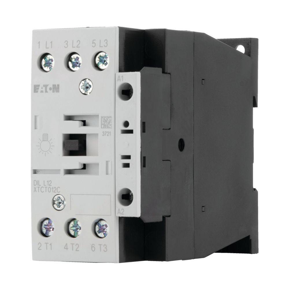 EATON DIL L12 XTCE012C' Schütz, dargestellt mit elektrischen Anschlusspunkten, beschriftet mit L1, L2, L3, T1, T2 und T3.