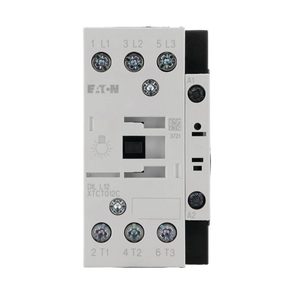 Ein elektrischer Schütz mit beschrifteten Anschlüssen 'L1, L2, L3, T1, T2, T3' und 'A1, A2' an der Seite, verwendet zur Steuerung elektrischer Schaltkreise.