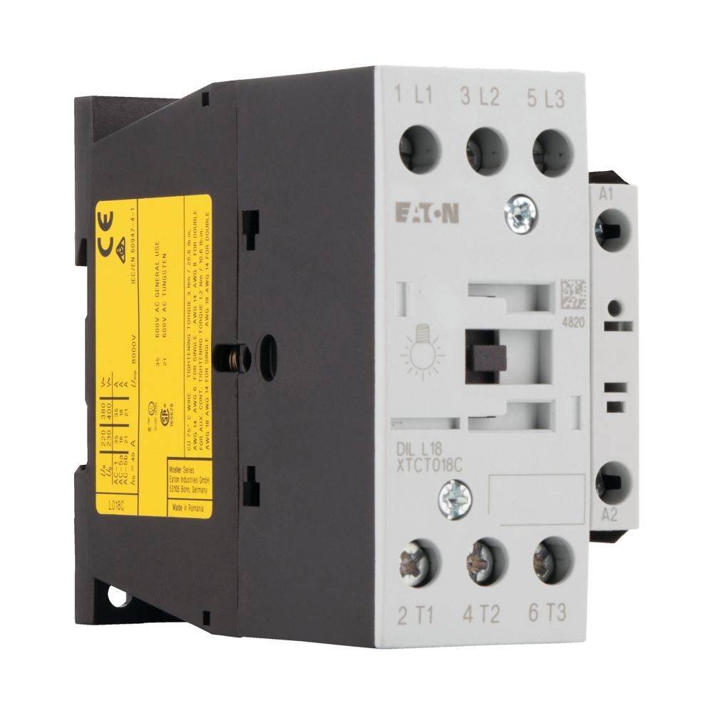 Eaton DIL M Schütz, grau und schwarz, mit gelben und weißen Etiketten. Ausgelegt für elektrische Steuerungssysteme, Modell XTC01B. CE-gekennzeichnet.