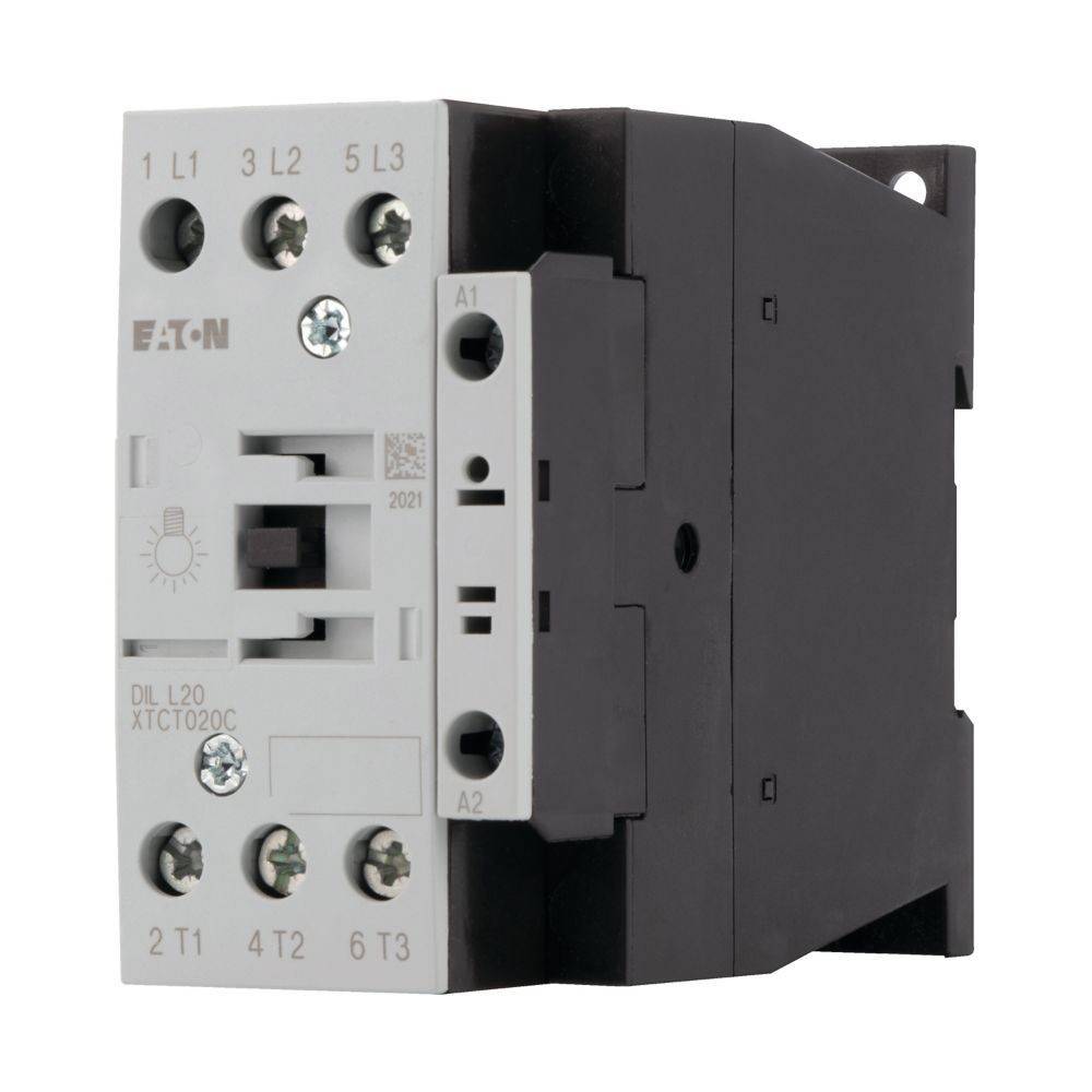 Elektrischer Schütz mit Beschriftung 'Eaton DIL L20 XTCE020C'. Weißes Frontpanel, schwarzes Gehäuse, Schraubklemmen für Anschlüsse.