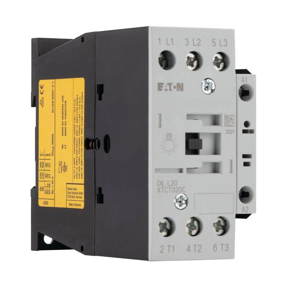 Eaton XTCT020C Schütz, schwarz und grau, mit nummerierten Anschlüssen und einem gelben Etikett an der Seite, verwendet zur Steuerung elektrischer Schaltkreise.
