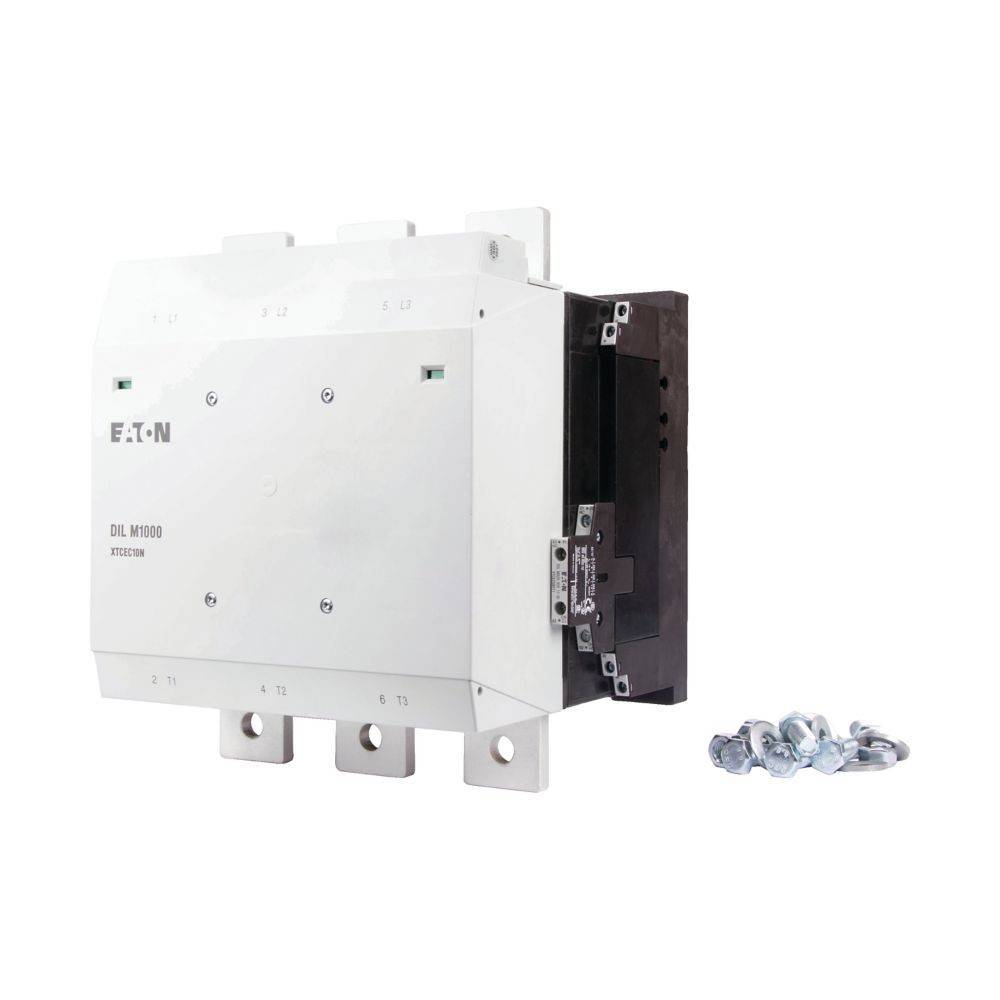 Eaton DIL M1000 Schütz wird mit Schrauben gezeigt, verfügt über ein weißes Gehäuse und mit Klemmen T1, T2, T3 für elektrische Anschlüsse gekennzeichnet.