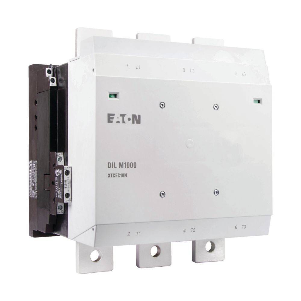 Eaton DIL M1000 Schütz mit XTCEXC01 Zubehör, ausgestattet mit robustem, industriellem Design und beschrifteten Anschlussklemmen für elektrische Verbindungen.