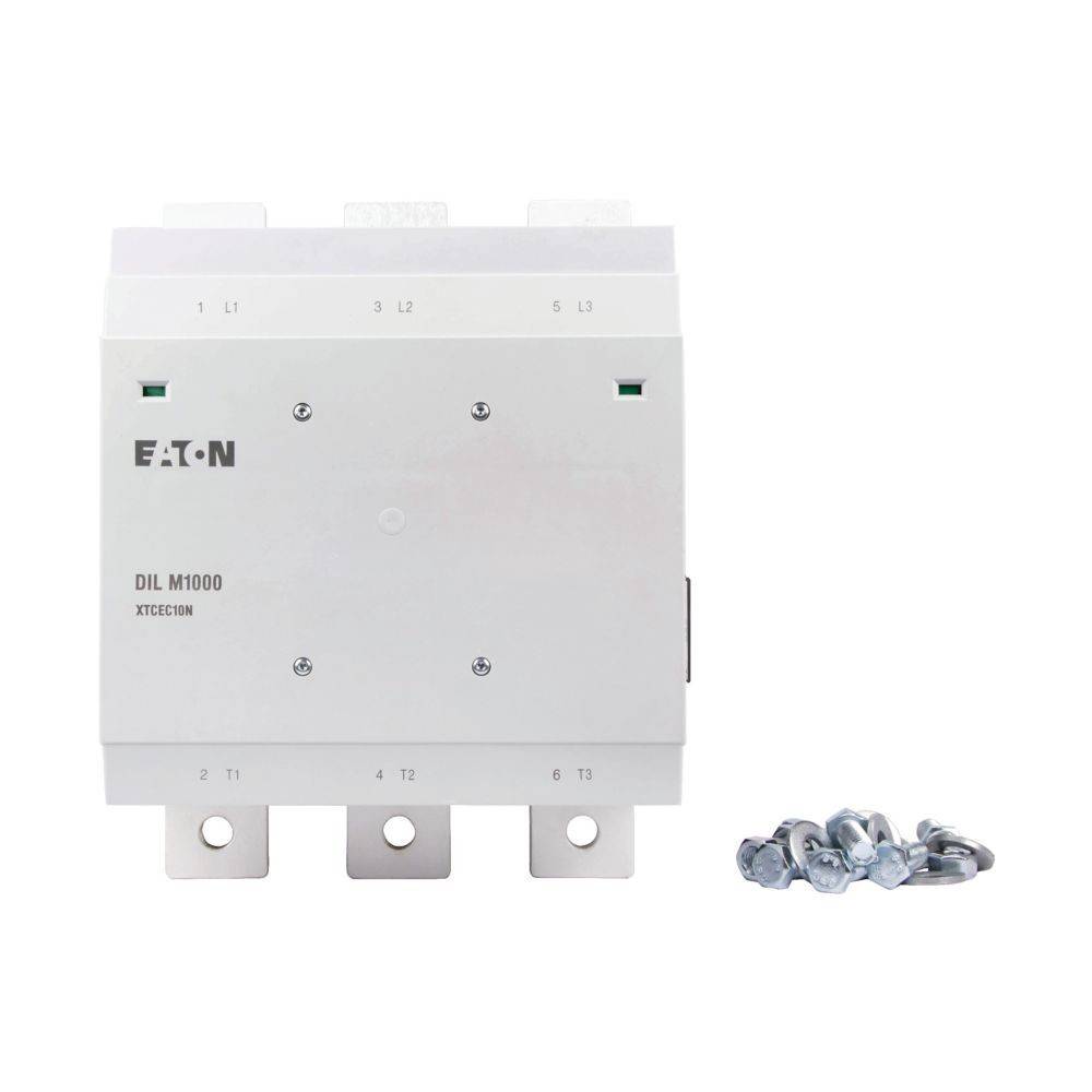 Eaton DIL M1000 XTCEXC10IN Schütz, Frontansicht, mit Anschlussklemmen-Beschriftung L1, L2, L3, T1, T2, T3; Schrauben sind im Lieferumfang enthalten.
