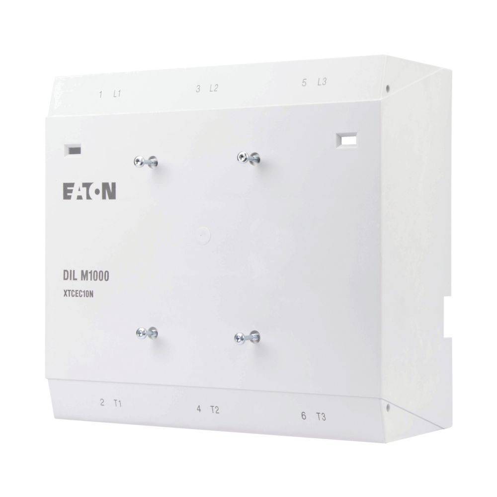 Weißer Eaton DIL M1000 Kontaktorhalterung mit beschrifteten Anschlusspunkten für L1, L2, L3, T1, T2 und T3, verwendet in elektrischen Installationen.