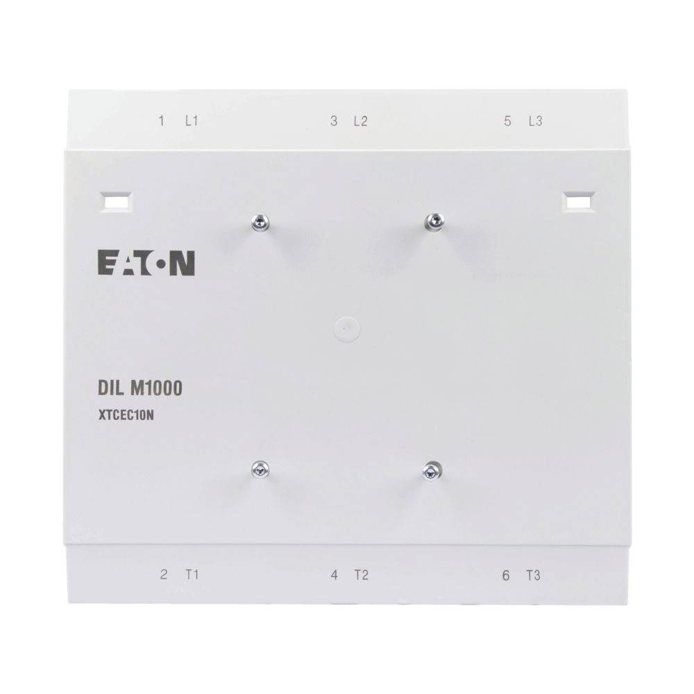 Ein rechteckiges weißes elektrisches Schaltpanel mit der Bezeichnung 'EATON DIL M1000'. Es hat beschriftete Abschnitte: L1, L2, L3 am oberen Rand; T1, T2, T3 am unteren Rand.