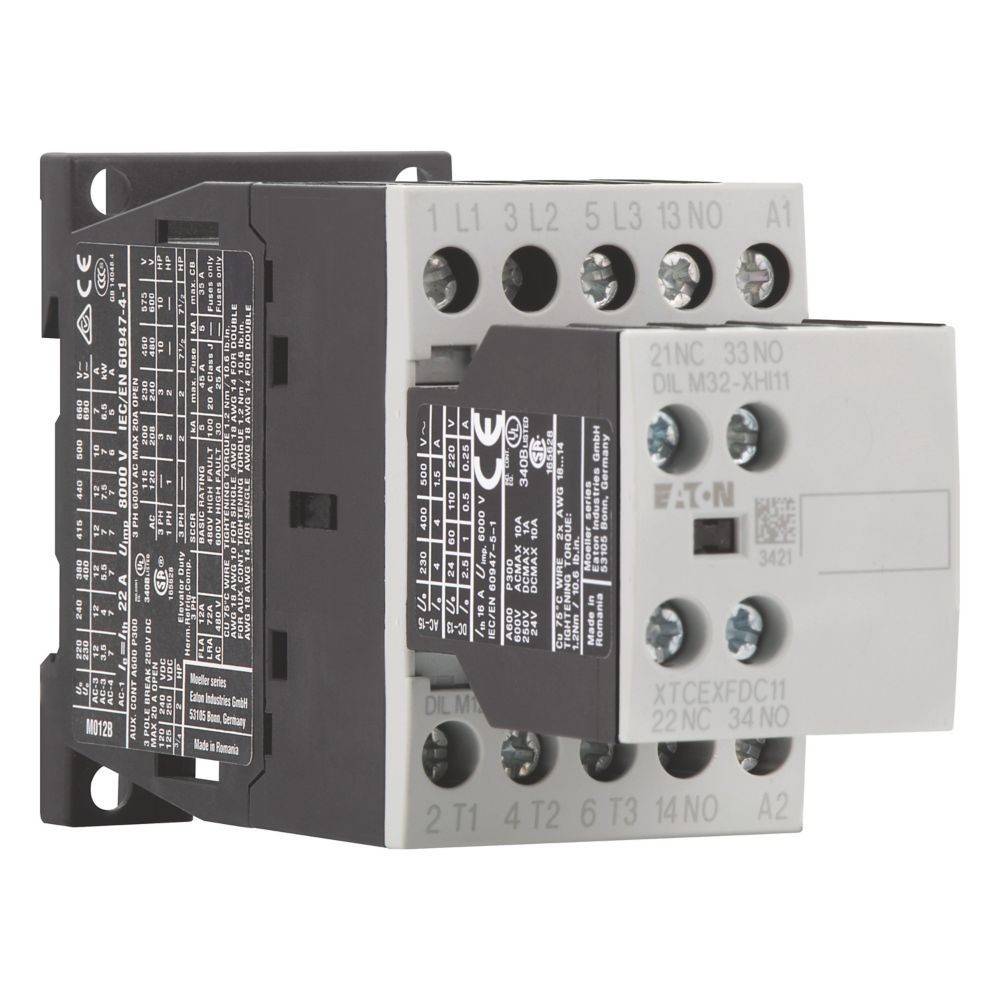Ein grauer und schwarzer Elektrokontaktor mit mehreren Anschlussklemmen, beschriftet mit Spezifikationen wie '230V' und '50/60Hz'.