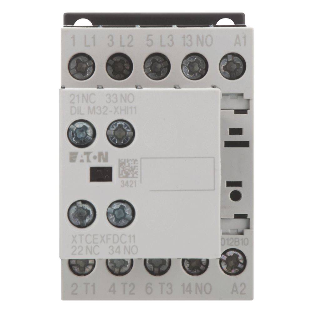 Elektrischer Schütz mit beschrifteten Klemmen: L1, L2, L3, N, einzelne Öffner-/Schließerkontakte zur Stromkreissteuerung, Markenlogo sichtbar.