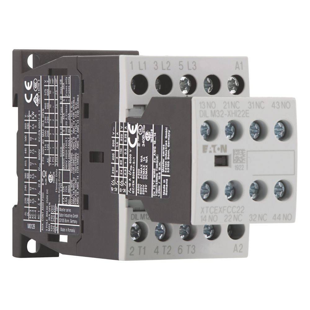 Elektrischer Schütz mit beschrifteten Anschlussklemmen für Verdrahtungsverbindungen. Enthält Herstellerinformationen und Konformitätssymbole an der Seite.