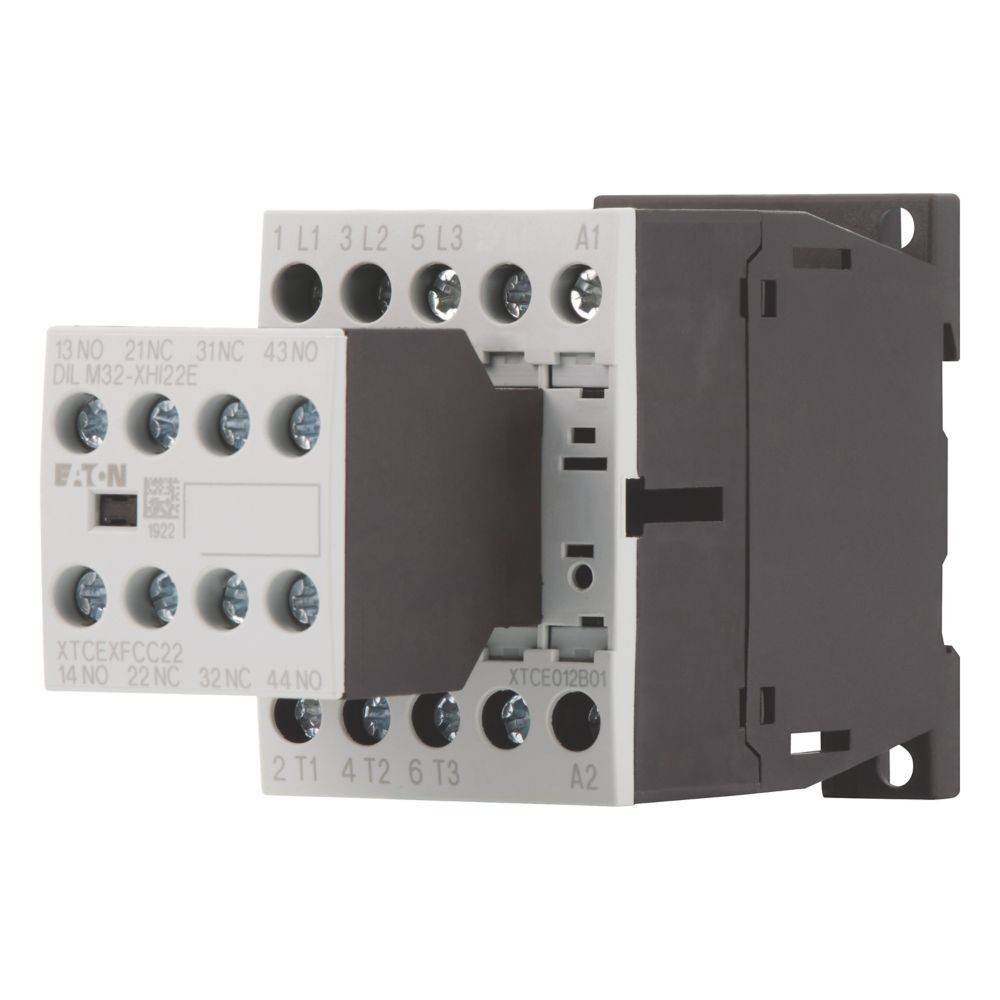 Eaton-Schützkontaktrelais mit Darstellung der Klemmenanschlüsse für elektrische Installationen. Das Modell XTCED20801 verfügt über mehrere Eingabe-/Ausgabeports.