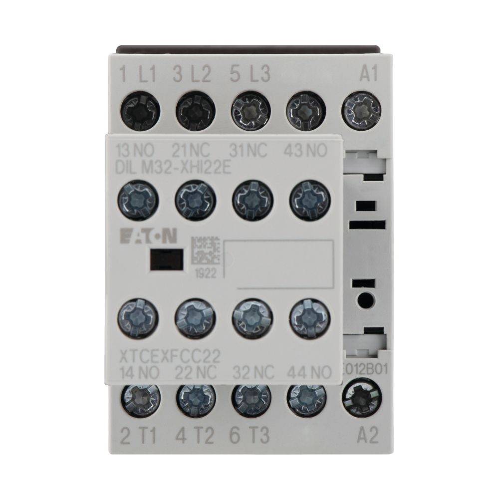 Elektrischer Schütz mit beschrifteten Anschlüssen für Hauptstromkreis (L1, L2, L3), Hilfskontakten (13 NO, 21 NC usw.) und Spule (A1).
