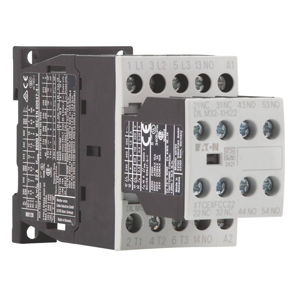 ATC EXFCC22' Eaton Elektrokontaktor mit beschrifteten Anschlüssen und kompaktem Design. Schwarz und grau mit technischen Spezifikationen an der Seite.