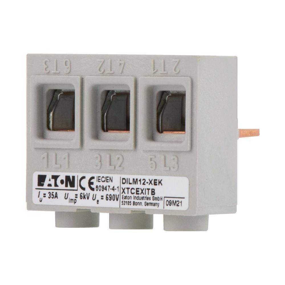 Eaton Industries Kontaktblock 09M21, Modell DILM12-XEK, 60947-4-1. Bemessen: 35A, 690V. Drei Kupferanschlüsse L1, L2, L3.