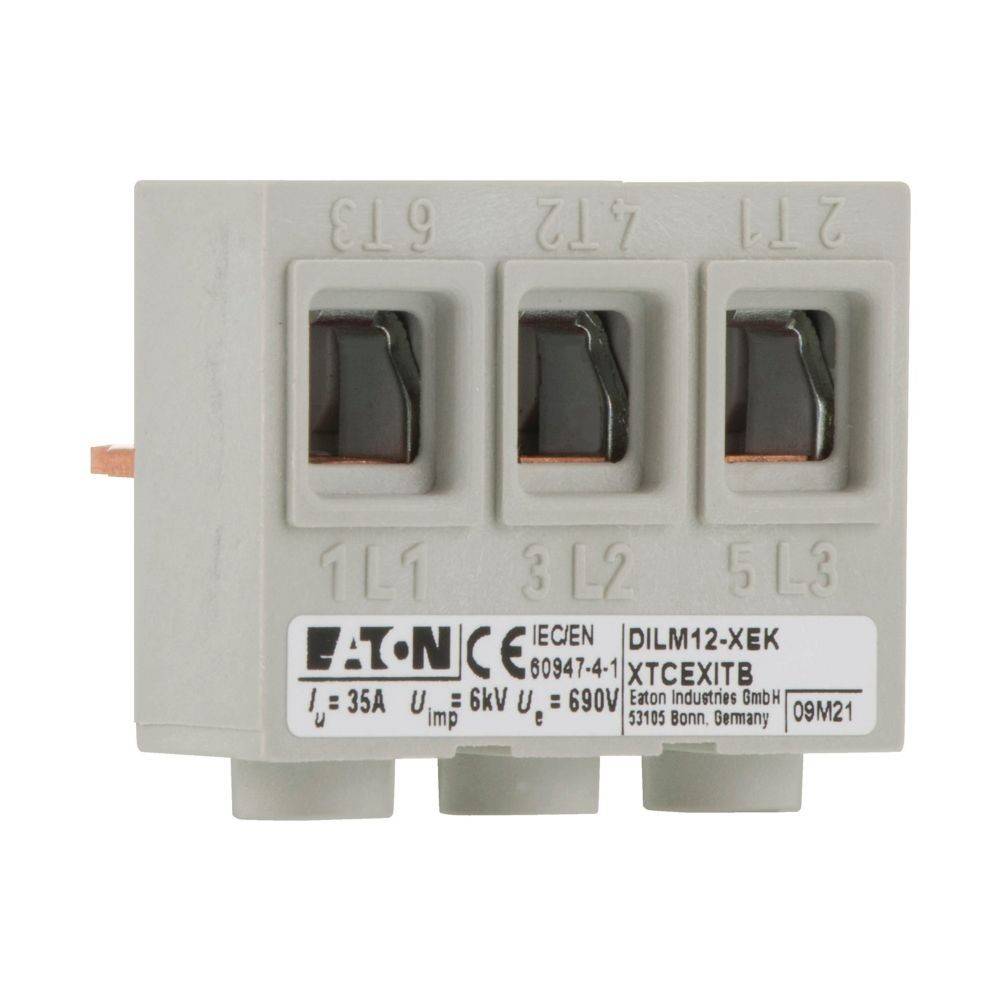 Eaton DILM12-XEK' beschriftete elektrische Komponente mit drei sichtbaren Anschlüssen, verwendet für Verdrahtungsverbindungen, mit technischen Spezifikationen.
