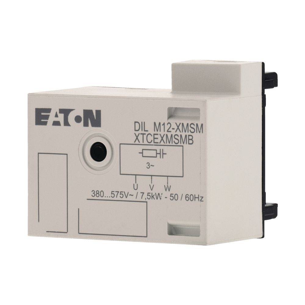 Eaton DIL M12-XMSM XTCEXMSMB elektrische Komponente, weiß und schwarz, gekennzeichnet mit technischen Spezifikationen für Spannung und Leistung.