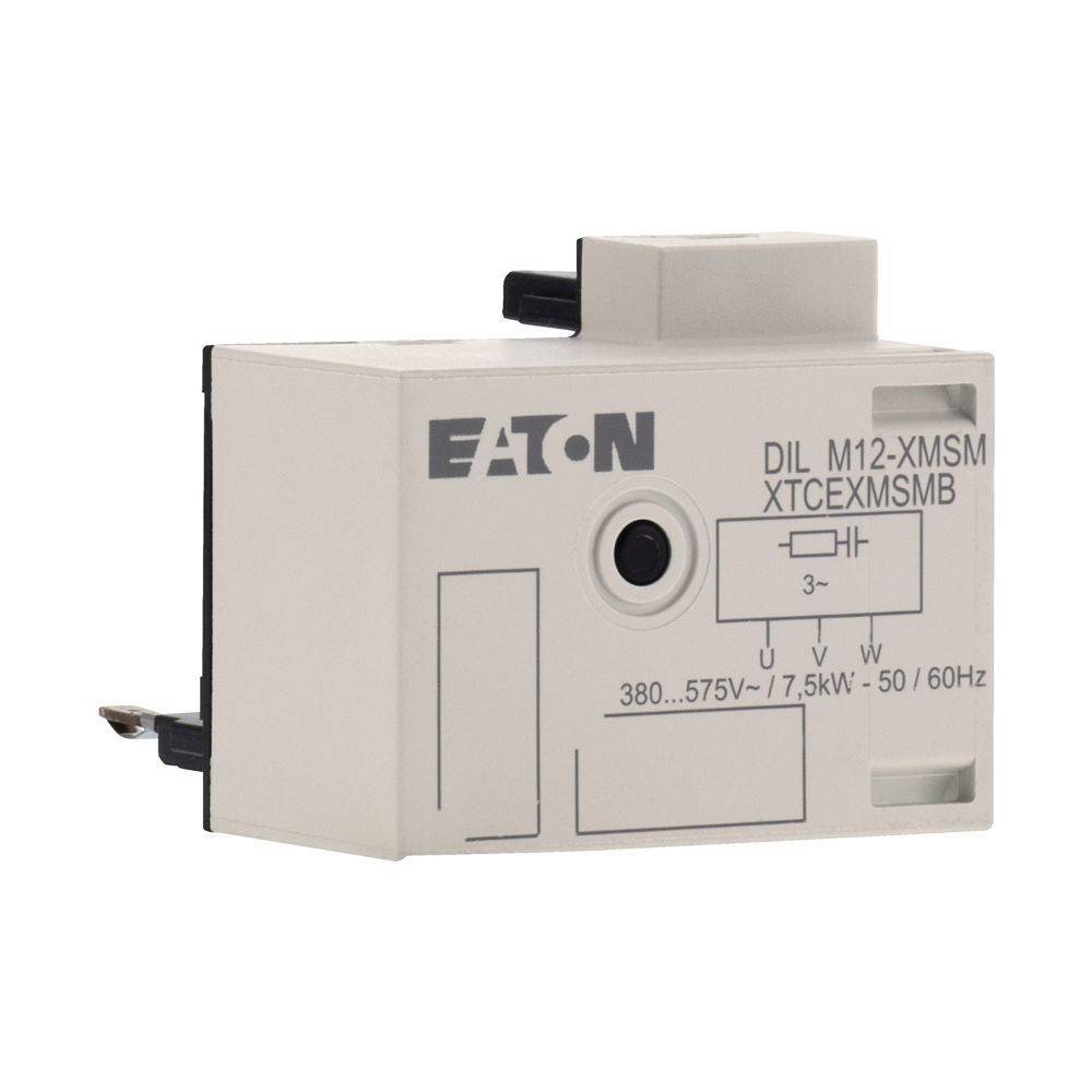 Eaton DIL M12-XMSM Schützmodul, 380-575V, 7,5kW, 50/60Hz, Seitenansicht mit Anschlüssen und Typenschild mit technischen Spezifikationen.