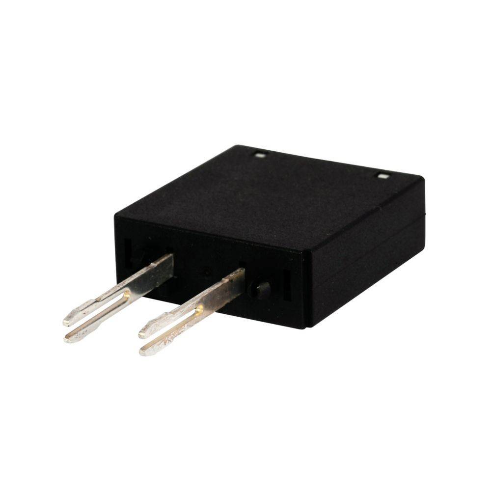 Eine schwarze, rechteckige elektronische Komponente mit zwei Metallstiften, die von einer Seite abstehen und zum Einstecken in eine Leiterplatte dienen.