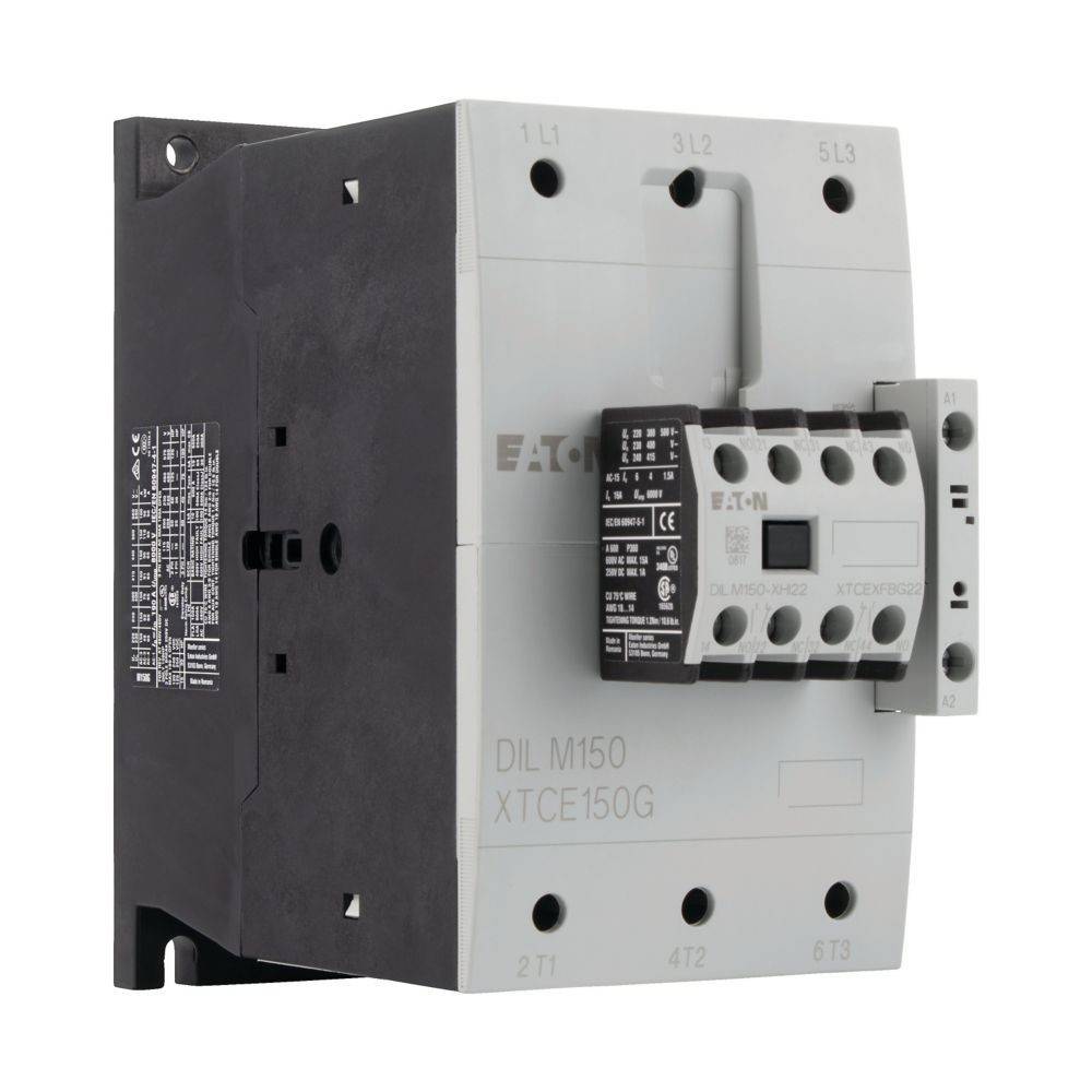 Eaton DIL M150 XTCE150G Schütz in Grau und Schwarz, Frontansicht mit mehreren Anschlussklemmen und Produktetikett.