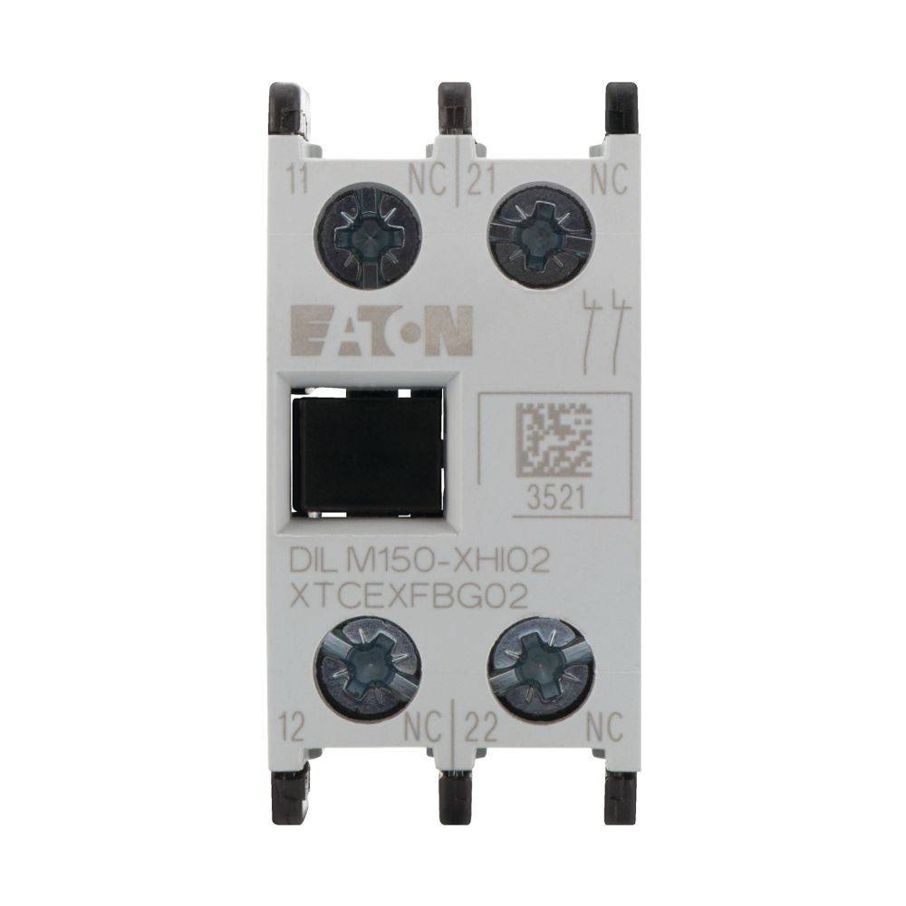 Eaton DIL M150-XHI02 Schütz, Frontansicht mit Anschlusskennzeichnungen und Produktmodellen.