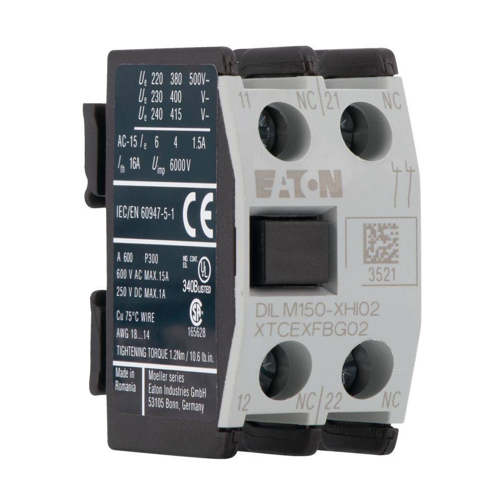 Elektrischer Schaltschütz mit Etikett 'Eaton'. Zeigt Spezifikationen einschließlich Spannung, Stromstärke und Sicherheitszertifizierungen.