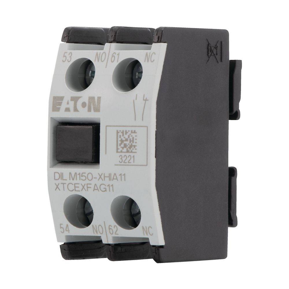 EATON'-markierter elektrischer Schütz mit Bezeichnungen 'NC', nummerierten Anschlüssen 53, 54, 61, 62 und Diagramm, Modell 'DIL M150-XHIA11'.