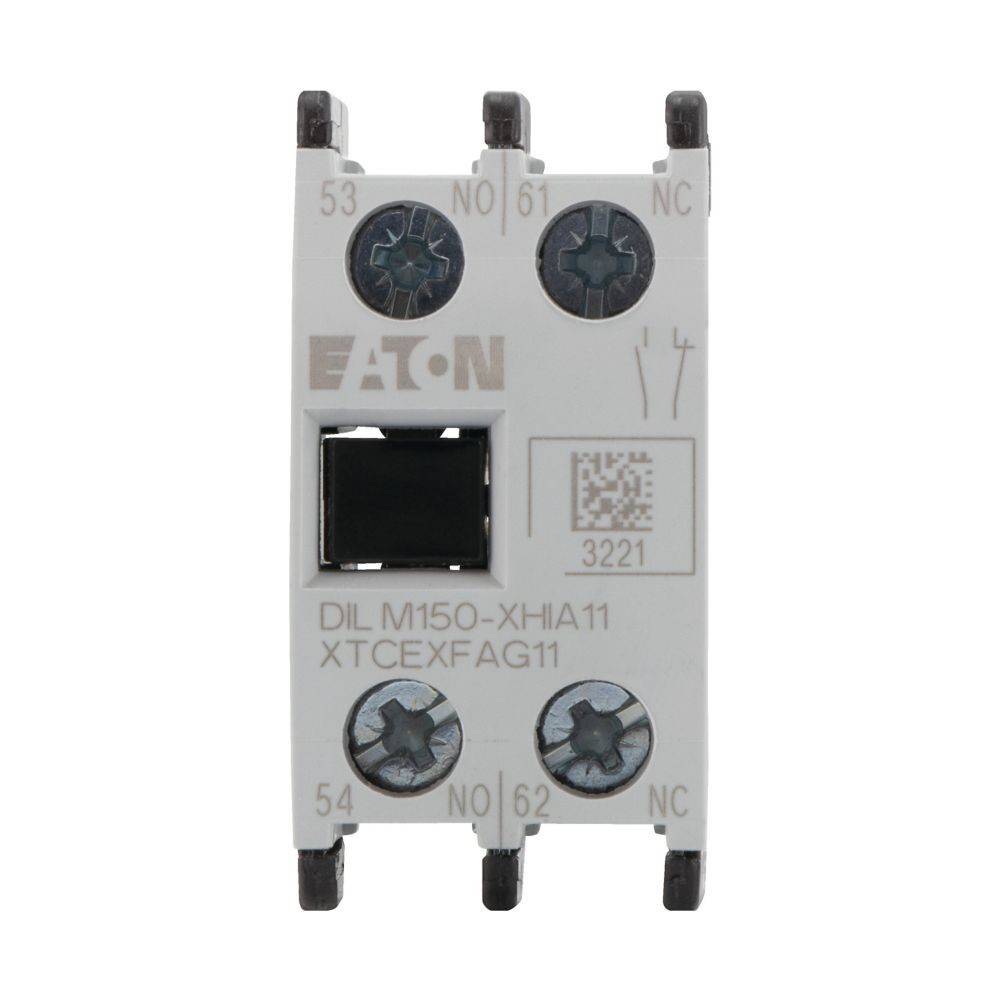 Frontansicht einer elektrischen Komponente von Eaton, Modell DIL M150-XHIA11, mit verschiedenen Anschlusspunkten, die mit Zahlen beschriftet sind.
