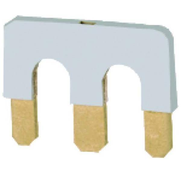 Ein dreiadrige elektrische Verbindungsbrücke mit einem grauen Kunststoffgehäuse, die zum Verbinden benachbarter Anschlussblöcke auf einer Leiterplatte verwendet wird.