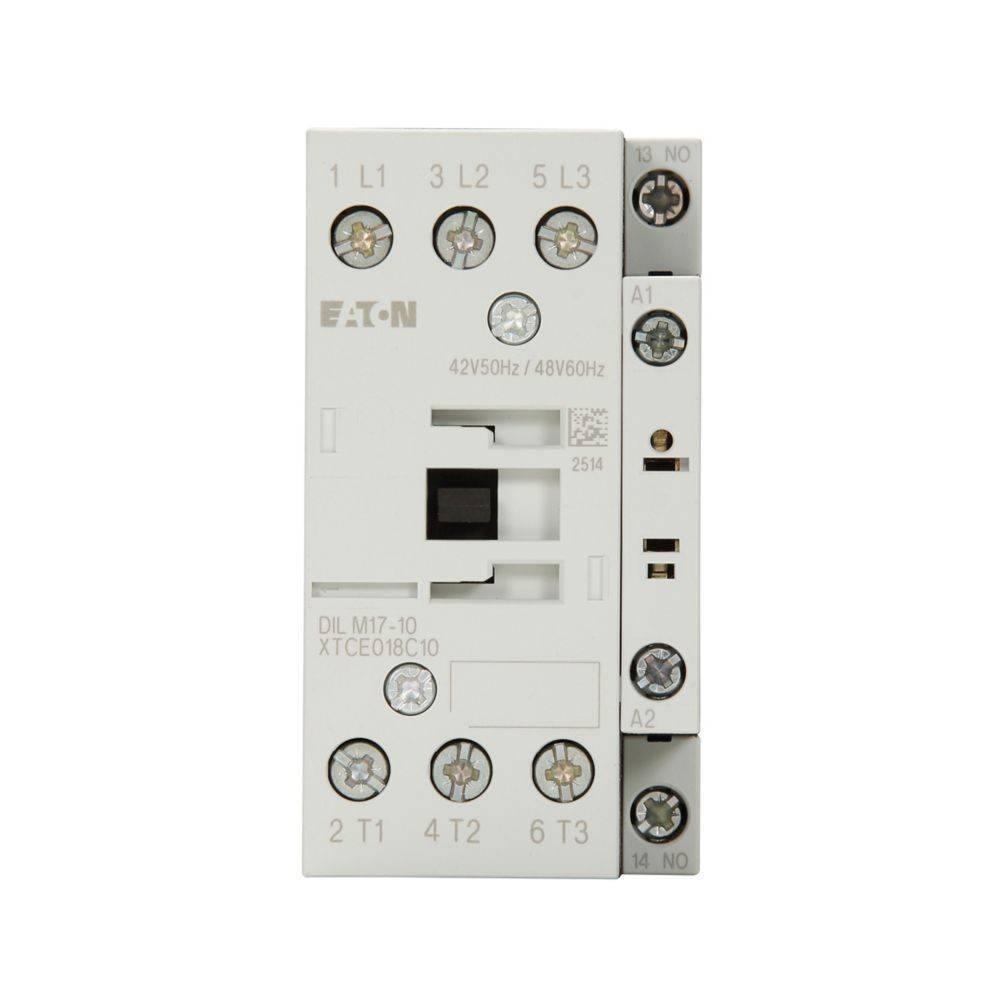 Eaton DIL M7-10 Schütz mit beschrifteten Anschlussports und Verdrahtungsdetails, verwendet zur Steuerung elektrischer Schaltkreise.