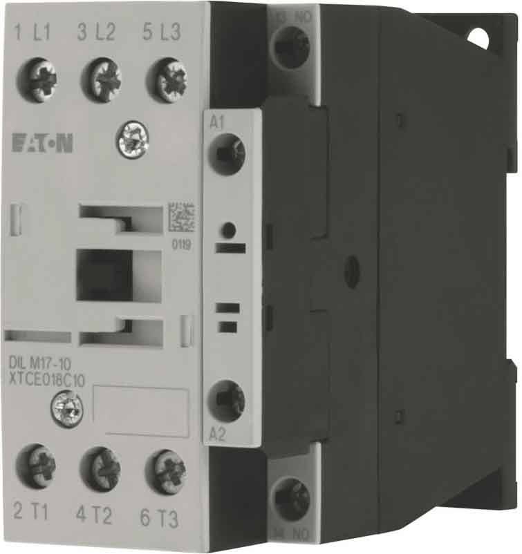 Eaton DIL M17 Schütz mit Klemmennummern und Modellbezeichnung. Merkmale A1 und A2 Spulenklemmen. Schwarzes und weißes Gehäuse.