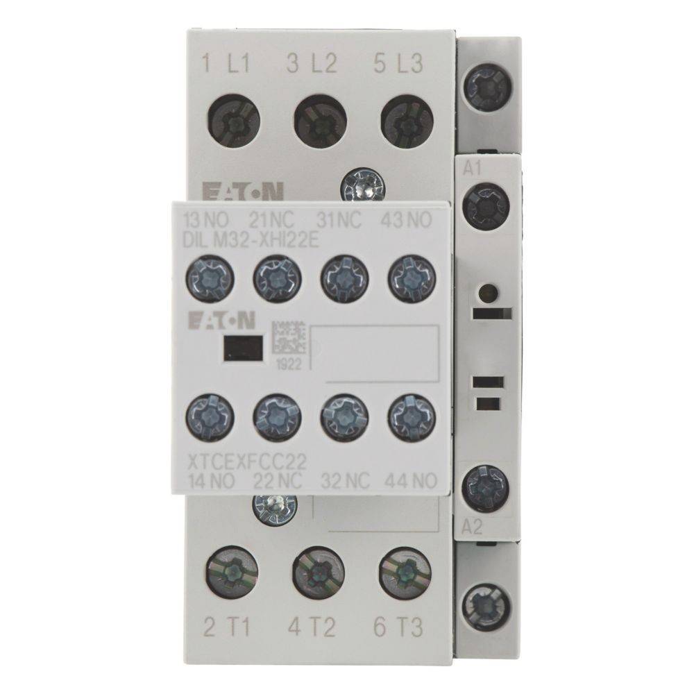 Eaton-Schütz, Modell DIL M32-XHI22E, mit mehreren Anschlusspunkten, beschrifteten Klemmen und einem kompakten Design für elektrische Schaltkreise.