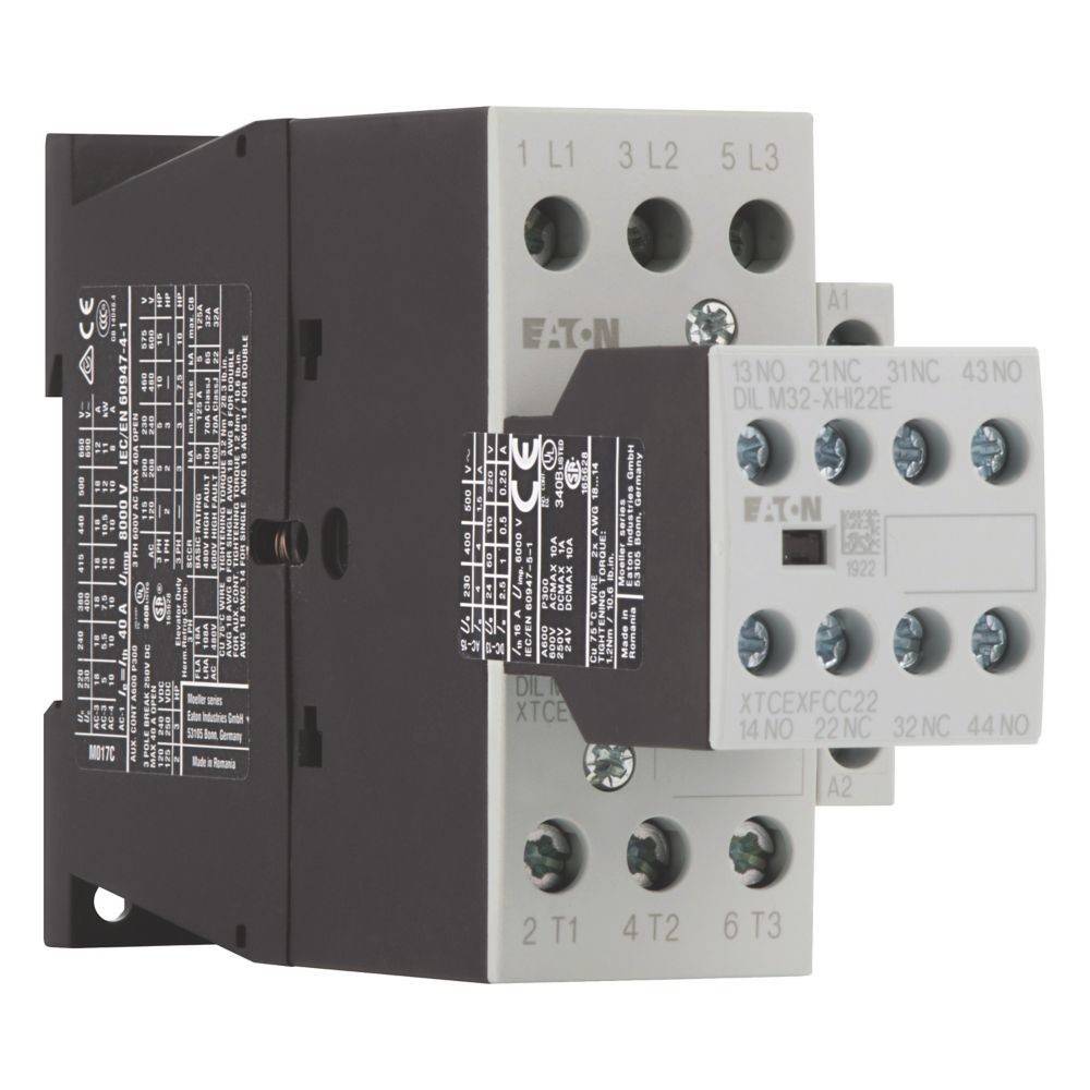 Ein elektrischer Schütz mit mehreren Anschlussklemmen und beschrifteten Schaltern zur Steuerung von Hochspannungsstrom. Hersteller: Eaton.