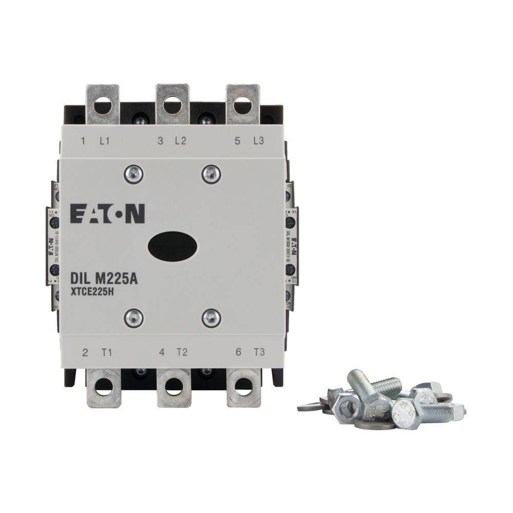 Ein Schütz mit der Bezeichnung 'Eaton DIL M225A' mit nummerierten Anschlussklemmen; Bolzen und Schrauben liegen daneben.