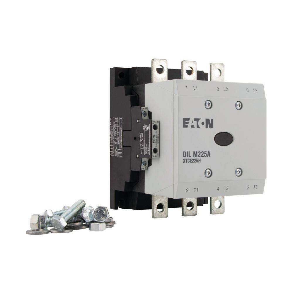 Eaton DIL M225A Schütz mit sichtbarem XTCE225M-Modell, umgeben von Befestigungsschrauben, verwendet zur Steuerung von Elektromotoren.