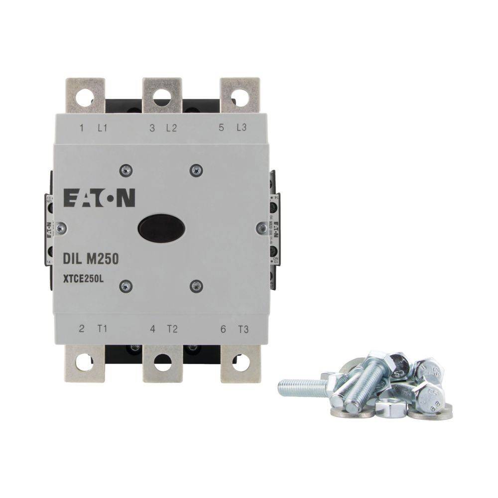 Das Bild zeigt einen Eaton DIL M250 Schütz mit der Modellnummer XTC250L, mit sechs Anschlusspunkten, die mit L1, L2, L3, T1, T2, T3 beschriftet sind, und einen kleinen Haufen Schrauben daneben.