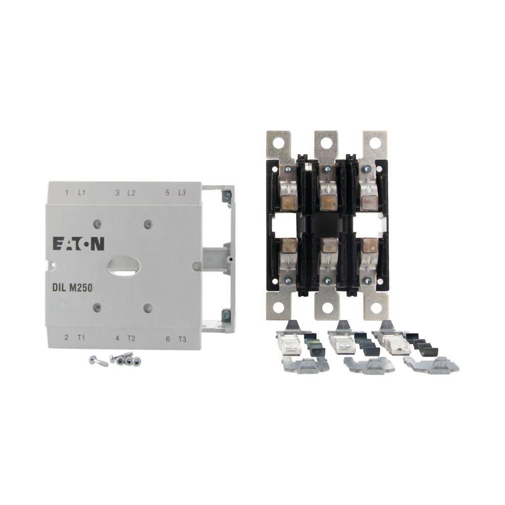 Der 'Eaton DIL M250' Kontaktor-Bausatz enthält ein weißes Panel und drei schwarze Kontaktblöcke mit Anschlüssen und Schrauben, konzipiert für elektrische Installationen.
