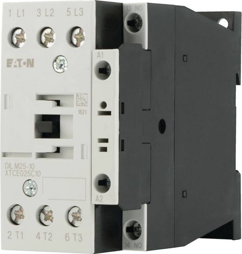 Das Bild zeigt einen Eaton-Schütz, Modell DIL M25C10. Er hat ein schwarz-weißes Design mit beschrifteten Anschlusspunkten.