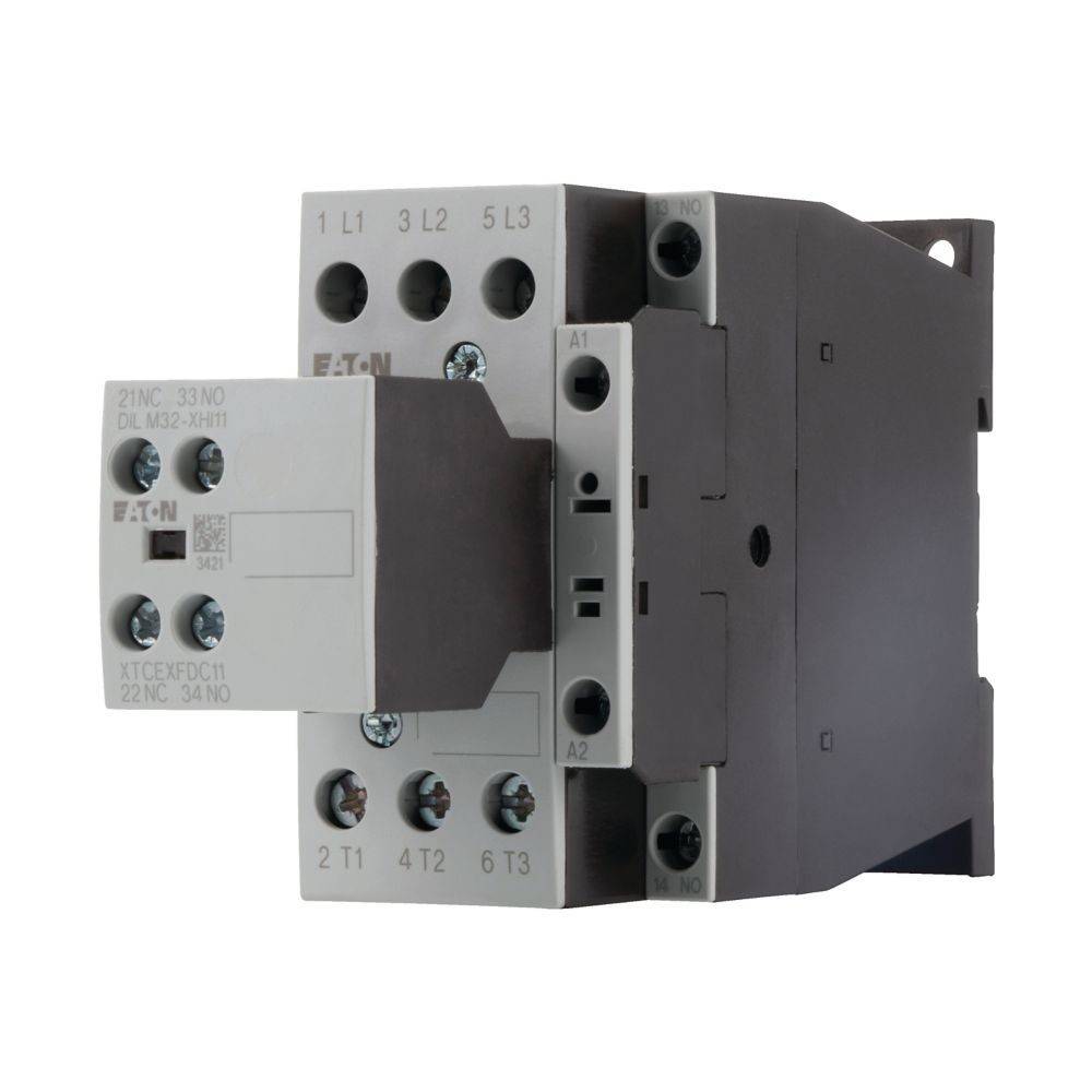 Ein elektrischer Schütz mit beschrifteten Anschlüssen, das verschiedene Verbindungspunkte zur Integration in elektrische Schaltkreise veranschaulicht.