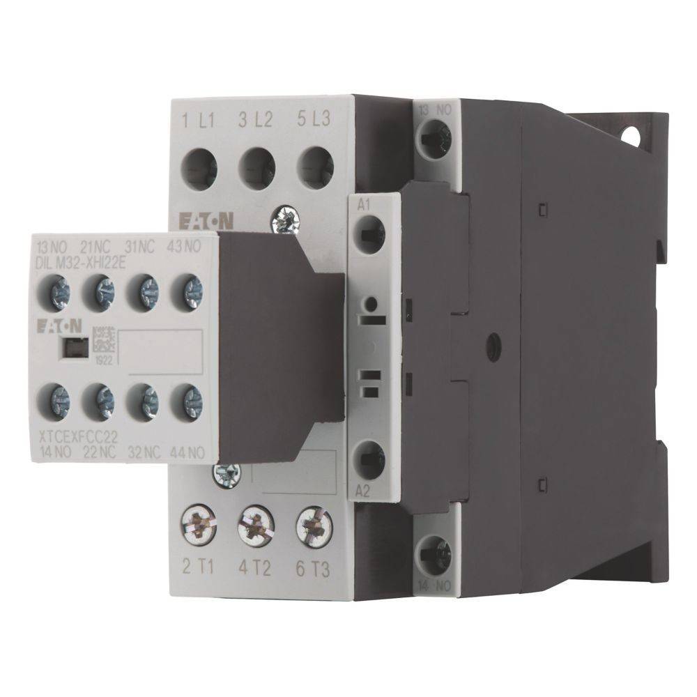 Ein grauer und schwarzer elektrischer Schütz mit mehreren beschrifteten Klemmenanschlüssen. Die Marke 'Eaton' ist auf der Komponente sichtbar.